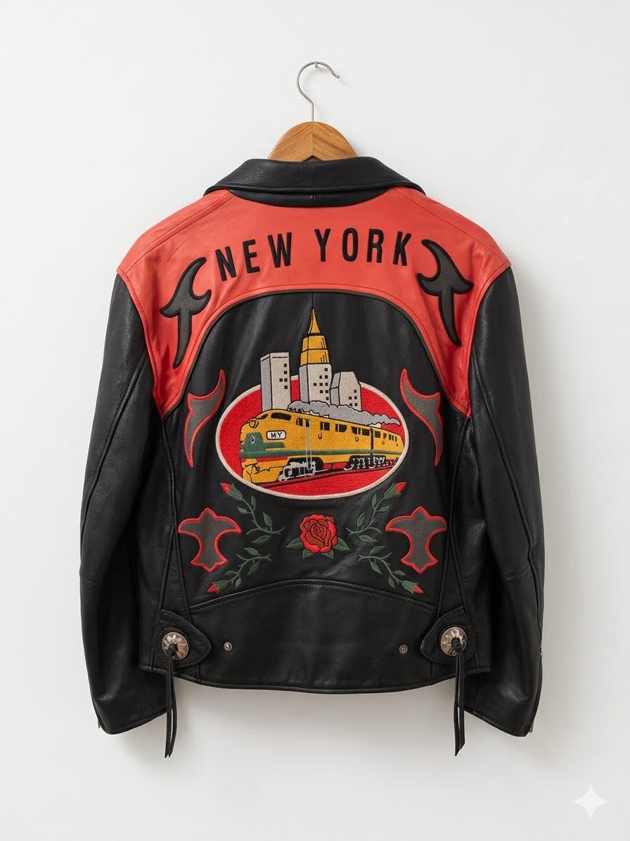 Rare Vintage Avirex Ny Graphic Black Leather Jacket Lining Amazing Condition